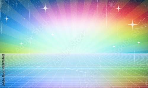 Synthwave wireframe net illustration. Abstract digital background. 80s, 90s Retro futurism, Retro wave cyber grid. Deep space surfaces. Neon lights glowing. Starry background. Vector 3D Rendering