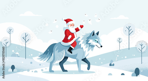 Enchanting illustration of Santa Claus riding a majestic wolf through a serene winter wonderland