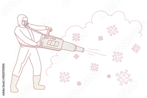 Man worker in protective suit disinfect surroundings from infection. Male employee in uniform involved in disinfection. Epidemic virus killing. Vector illustration.