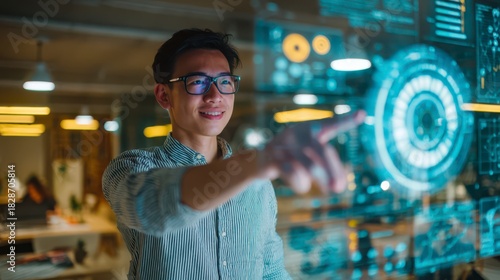 Digital Interface Interaction: A visionary individual navigates a cutting-edge digital interface, showcasing a fusion of innovation and human interaction within a dynamic technological landscape.