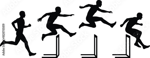 Hurdles runner silhouette, male athlete jumping over obstacles, track and field sport vector, black figures isolated on white background.