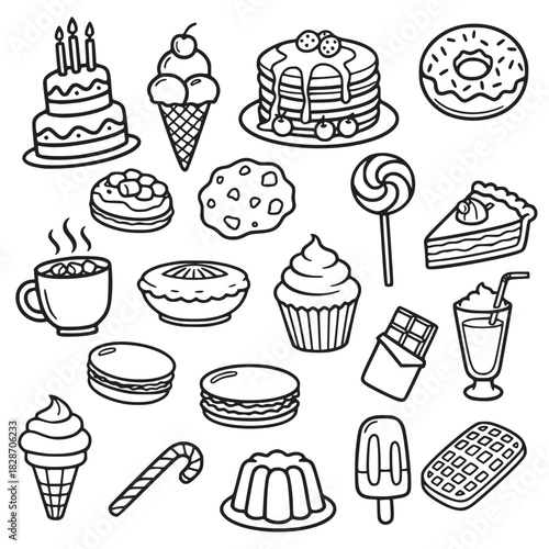 A collection of simple, black and white line art icons featuring various popular desserts and sweet treats.
