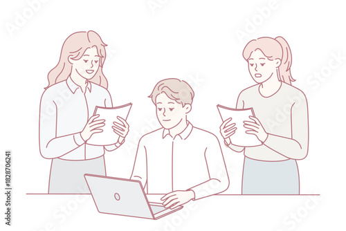 Team members discuss project details efficiently, Professionals utilize digital tools for decisionmaking tasks, Collaborative teams employing modern technology to review and plan projects effectively