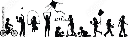 Kids Playing Outdoor Activities Silhouettes Vector Set, Including Bike, Kite, Jumping Rope, and Scooter, Isolated on White Background for Childhood and Summer Fun Concepts.