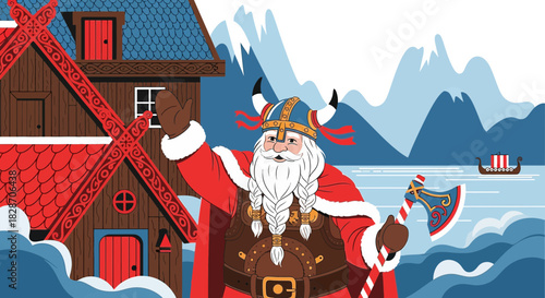 Festive fusion: Viking Santa Claus, juxtaposed holiday cheer with nordic mythology scenery