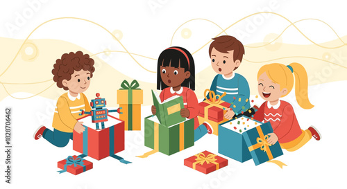 Festive gathering of cheerful children unboxing colorful gifts with excitement and joy