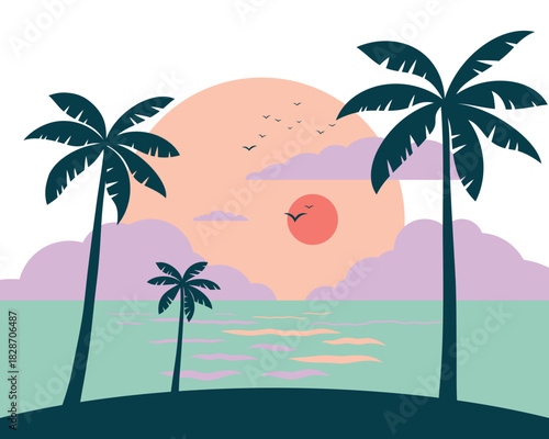 Tropical sunset illustration with palm tree silhouettes. Minimalist flat landscape design perfect for travel posters and vacation themes.