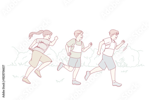 Happy children running outdoors on marathon. Smiling kids jog participate in run competition. Sport challenge concept. Vector illustration.
