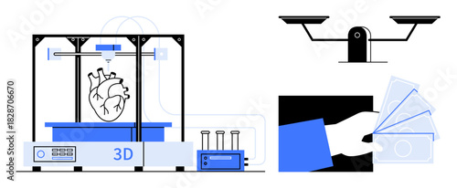 3D printer creating human heart model, balance scale, hand holding money. Ideal for innovation, healthcare, biotechnology, ethics, technology cost, research funding simple flat metaphor