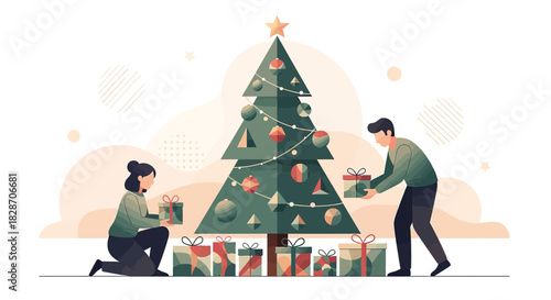 Festive holiday season preparation with a couple decorating christmas tree with gifts and ornaments