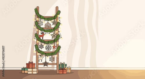 Festive ladder adorned with garlands and ornaments, creating a cozy Christmas ambiance within a