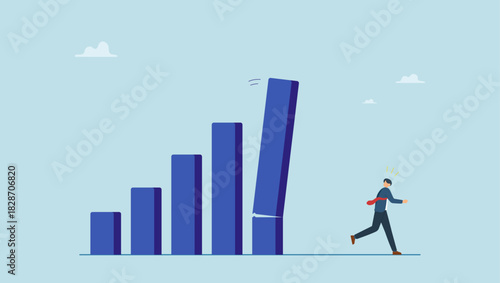 Fear businessman investor run away from collapsing graph. Economic recession from high inflation, stock market crash, crisis or depression, investment risk or price drop causing money loss.