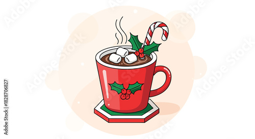 Festive mug of hot chocolate with marshmallows and candy cane, a winter holiday delight adding