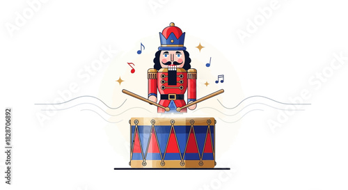 Festive nutcracker soldier illustration playing the drum with vibrant musical notes