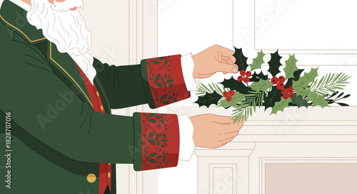 Festive preparation santa's touch decorating with holly and greenery for christmas holiday