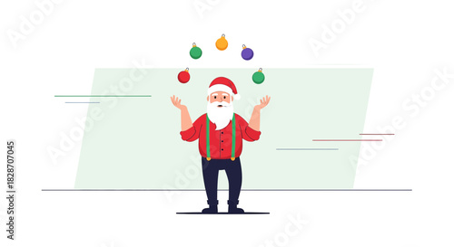 Festive santa illustration juggling christmas ornament balls in celebration theme