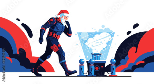 Futuristic Santa Claus Inspecting an Anomaly in Abstract Vector Illustration