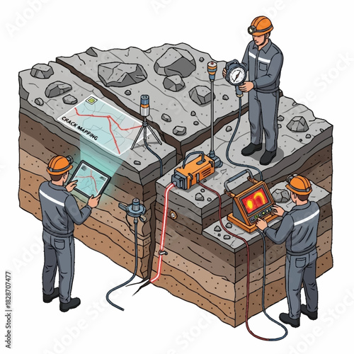 Geological Engineers Monitoring Ground Fissure with Advanced Equipment.
