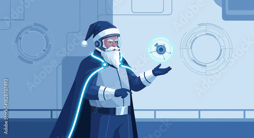 Futuristic Santa Claus with Advanced Technology in Sci-Fi Setting Spreading Festive Cheer