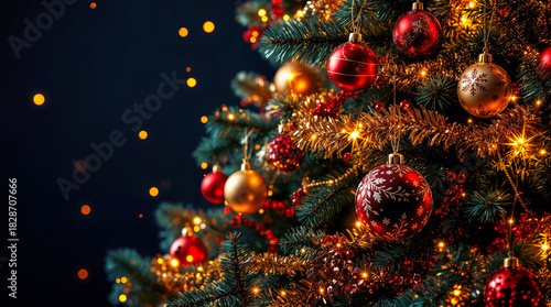Weihnachtsbaum mit roten und goldenen Kugeln und Lichterkette – festliche Nahaufnahme mit Bokeh vor dunklem Hintergrund