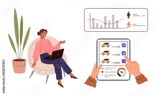 Professional comparing car leasing details on tablet while studying graphs. Ideal for business, statistics, technology, finance, remote work, decision-making, customer-focused. Simple flat metaphor