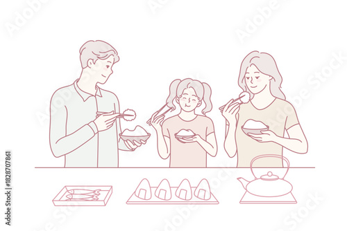 Asian family with child at table eating traditional dish together. Smiling parents and kid enjoy tasty asia food. Vector illustration.