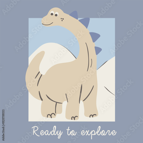 Cute Dino Hand drawn with mountain, and text ready to explore, cute graphic for boys , Dino graphic and dinosaur Vector illustration, background darker navy