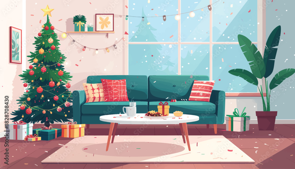 Obraz premium Christmas Party Living Room Scene Flat Vector Illustration