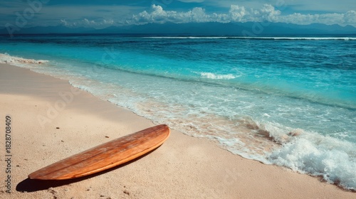 A wooden surfboard rests on soft sand beside tranquil blue ocean waves. The sun shines brightly creating a perfect day for surfing or relaxing by the seaside.