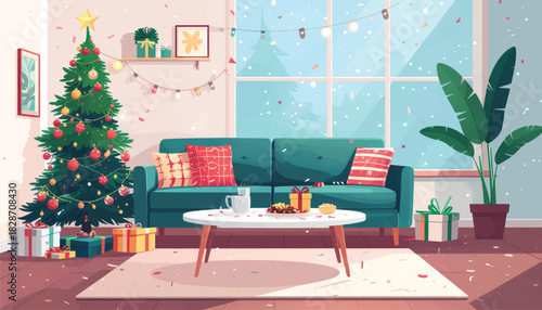 Christmas Party Living Room Scene Flat Vector Illustration