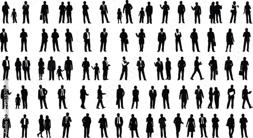 Large set of diverse business people silhouettes, standing men, women, and families for architectural scale and crowd graphics.