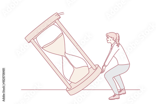 Businesswoman try to flip sand clock and win more time. Woman struggle not to miss deadline have time adjustments. Vector illustration.