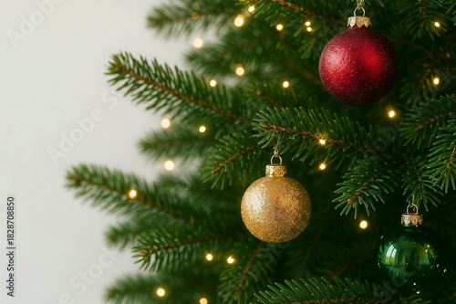 Christmas tree with ornaments and lights, holiday season background