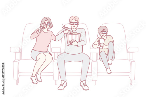 Happy family with 3d glasses enjoy movie in cinema together. Smiling parents and son have fun watching film in theater on weekend. Entertainment concept. Vector illustration.