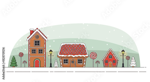 Gingerbread houses winter wonderland scenery with christmas trees and lollipops illustration