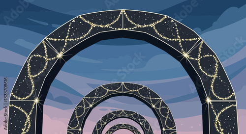 Illustration of a series of ornamented arches creating a perspective view at twilight