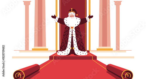 Illustrative king with opulent robe and majestic stance on throne room arrival