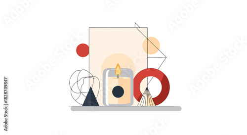 Minimalist composition featuring a candle surrounded by geometric shapes and elements