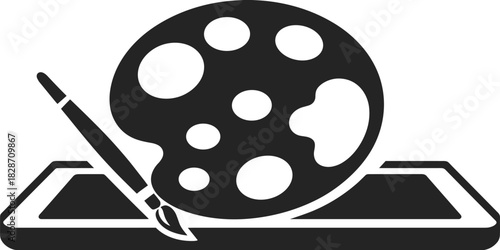 Black and white icon of a paint palette and brush on a tablet artist painting