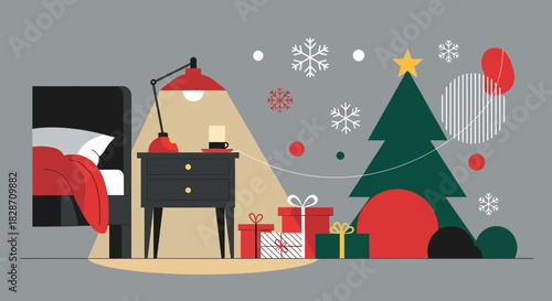 Modern Christmas illustration with geometric shapes presents and bedside table with warm light