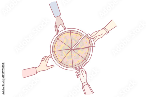 Close-up of people eating pizza together. Friends or colleagues share Italian fast food at work break in office. Vector illustration.