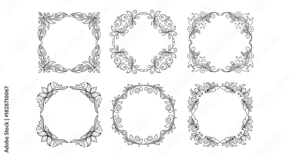 Fototapeta premium Elegant floral frames set with intricate line art designs for decorative borders