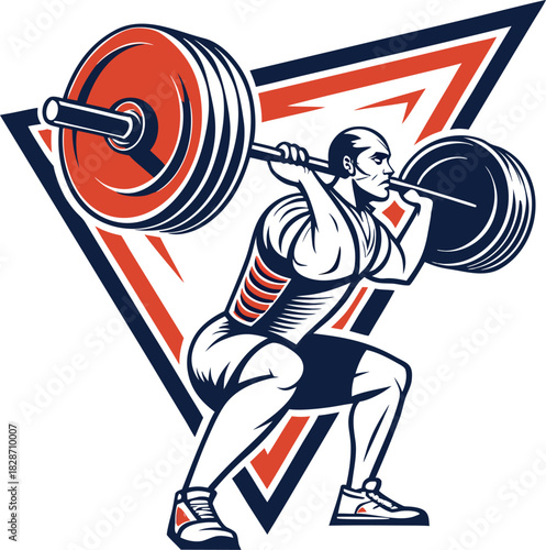 A bold and dynamic vector illustration of a powerlifting athlete performing a deep squat with a heavy barbell. The design features strong line art, muscular detailing