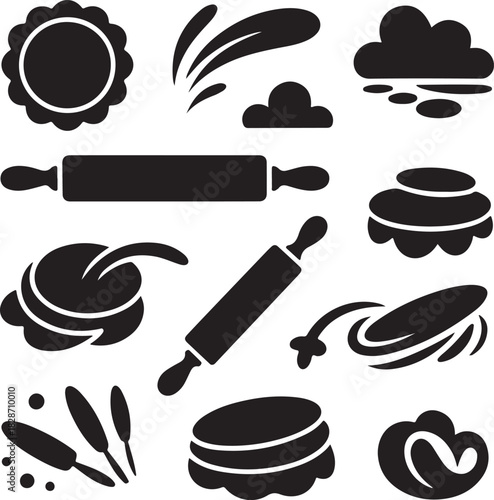 Baking themed black silhouette vector illustration with rolling pins and dough