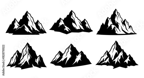 Stylized mountain silhouettes: six unique variations in black and white