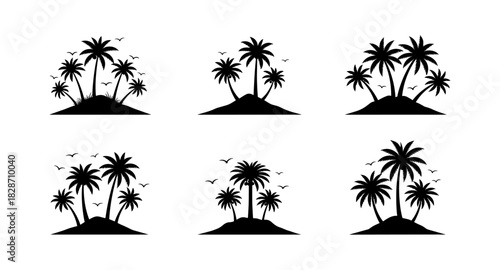 Minimalist palm tree silhouettes on island with birds and hills in monochrome style