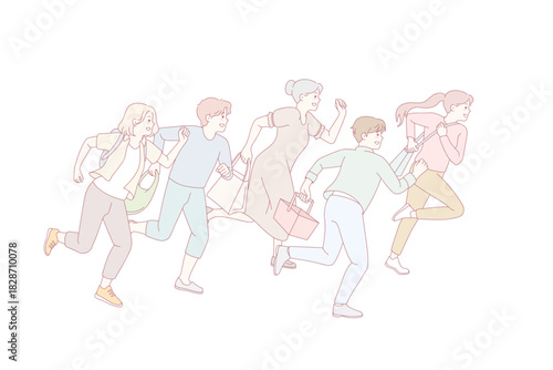 People running go shopping on sales. Excited shopaholics rush hurry for discounts or promotion. Vector illustration.