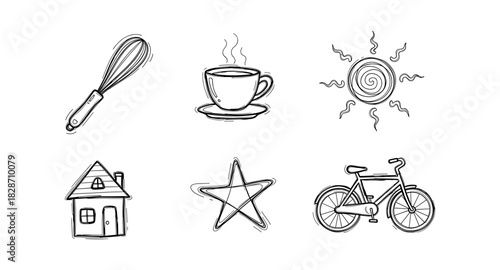 Hand drawn kitchen, coffee, nature, home, star, bicycle doodles