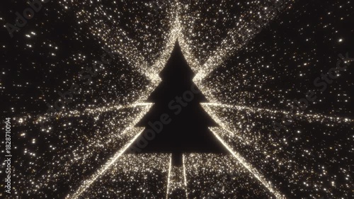 Luxury golden particles shimmer in a Christmas tree motion graphics background. This seamless loop features sparkling glitter and bokeh, perfect for awards, the New Year, and Christmas