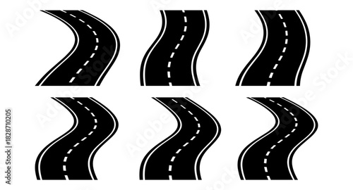 Collection of winding road designs with dashed lines in silhouette style